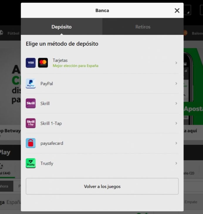 Opciones de depósito del casino Betway